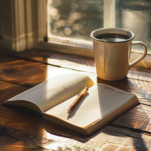 Öppen anteckningsbok med penna och kaffe vid ett solbelyst fönster
