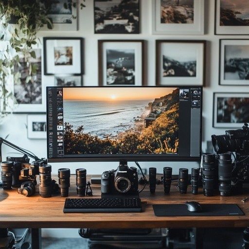 Kamera, objektiv och bildskärm med kustfoto på ett skrivbord